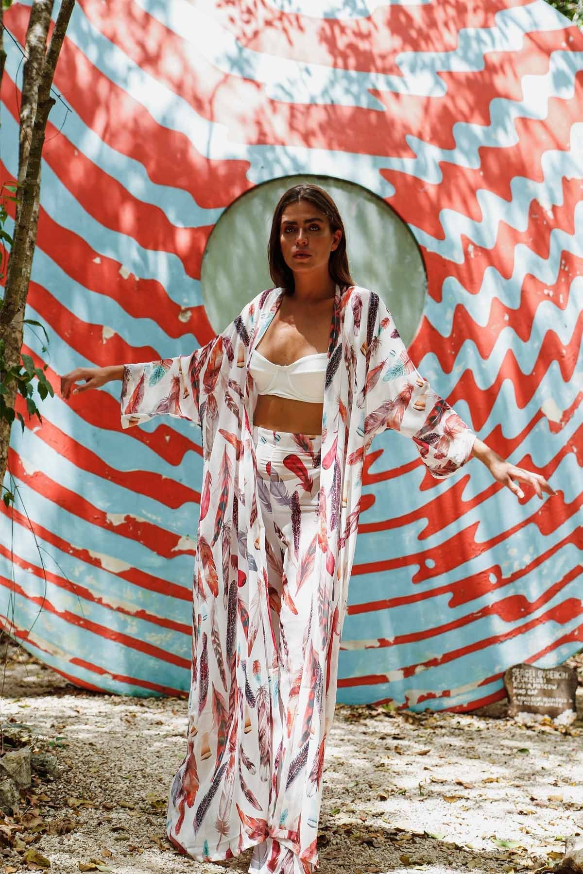 White Feather Kimono & Pantolon Takım