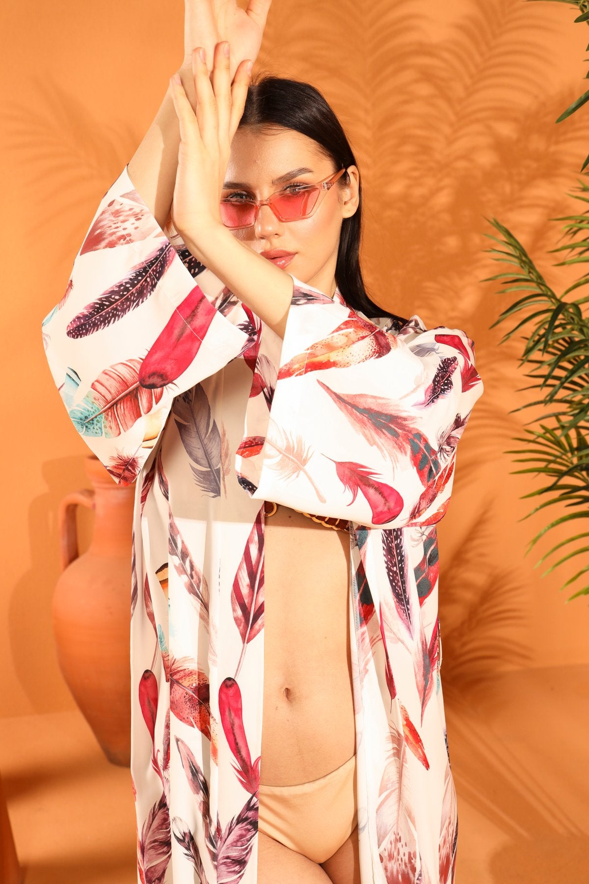 WHITE FEATHER LONG KIMONO