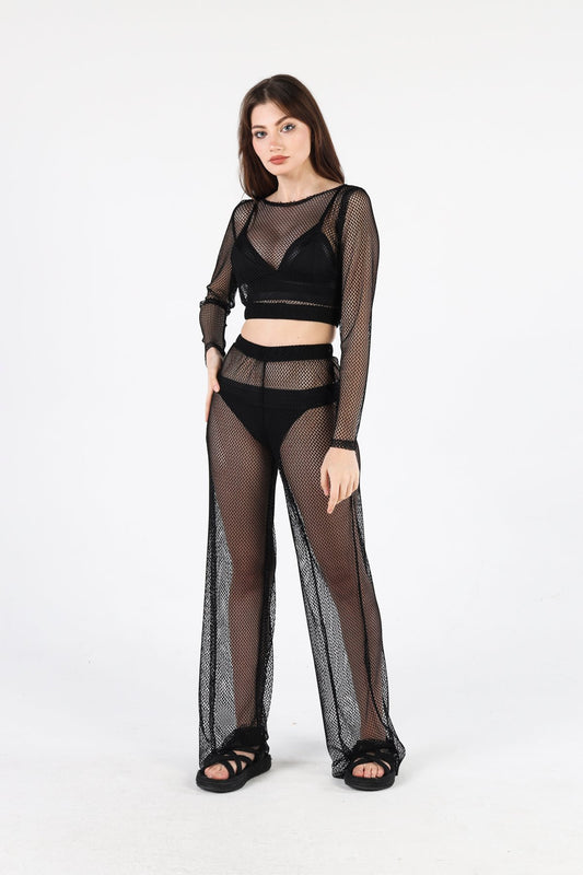 BLACK FISHNET KISA ÜST PANTOLON TAKIM