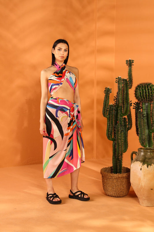 MULTI COLORED SHAWL PAREO SKIRT SET
