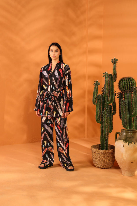 BLACK FEATHER KİMONO PANTOLON TAKIM