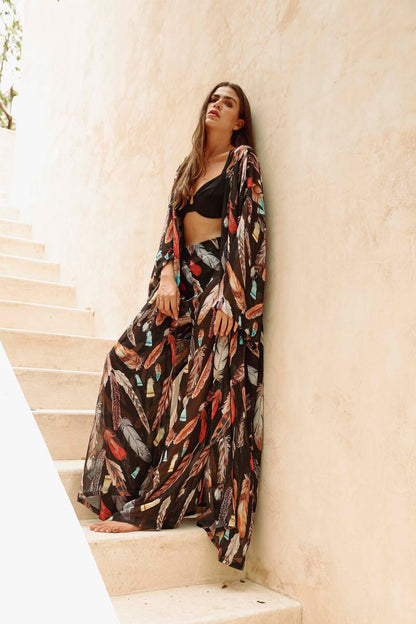 Black Feather Kimono &amp; Pants Set