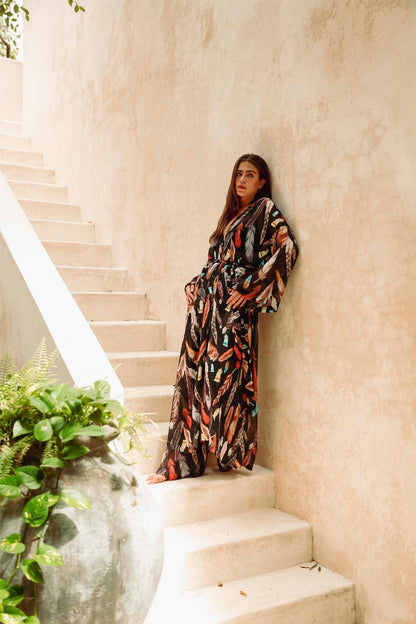 Black Feather Kimono &amp; Pants Set