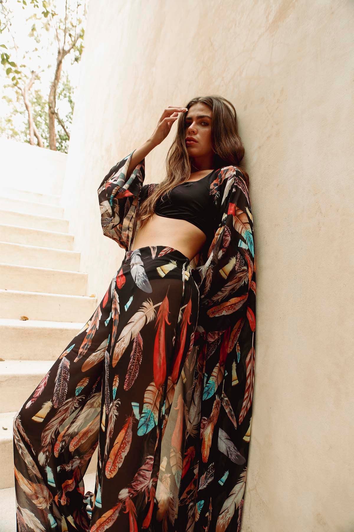 Black Feather Kimono &amp; Pants Set