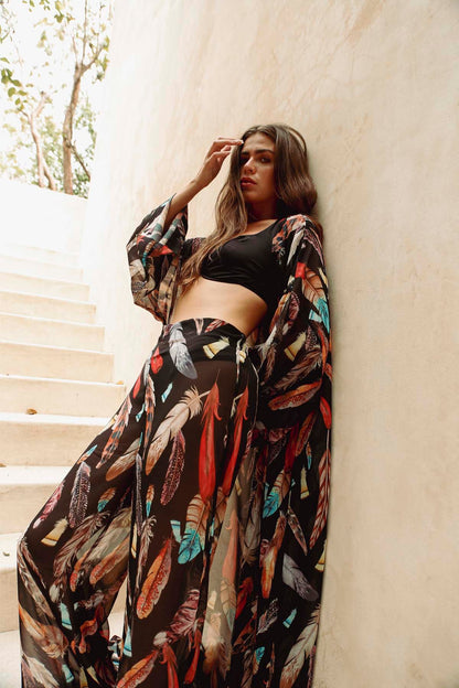 Black Feather Kimono &amp; Pants Set