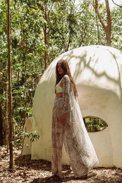 Cream Botanical Kimono & Pantolon Takım