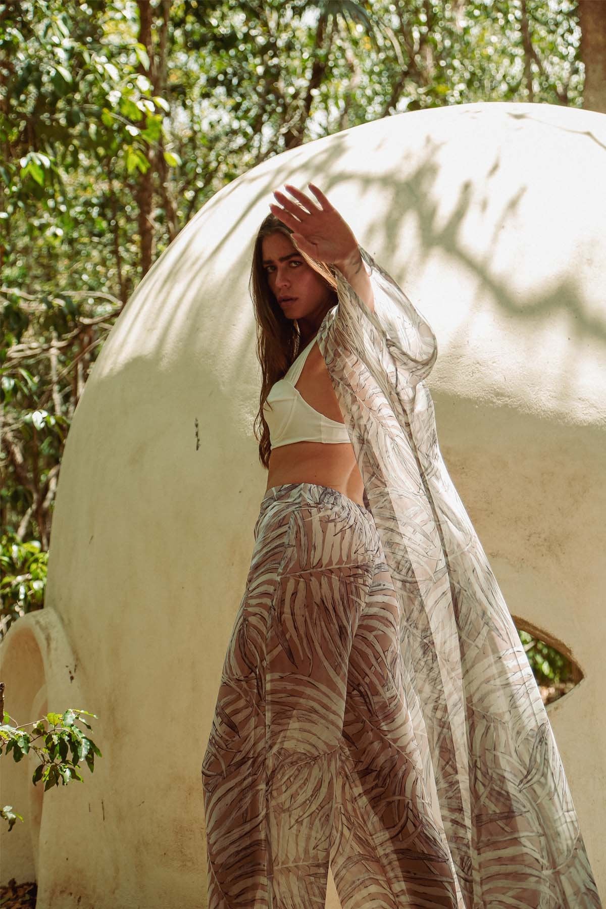 Cream Botanical Kimono & Pantolon Takım