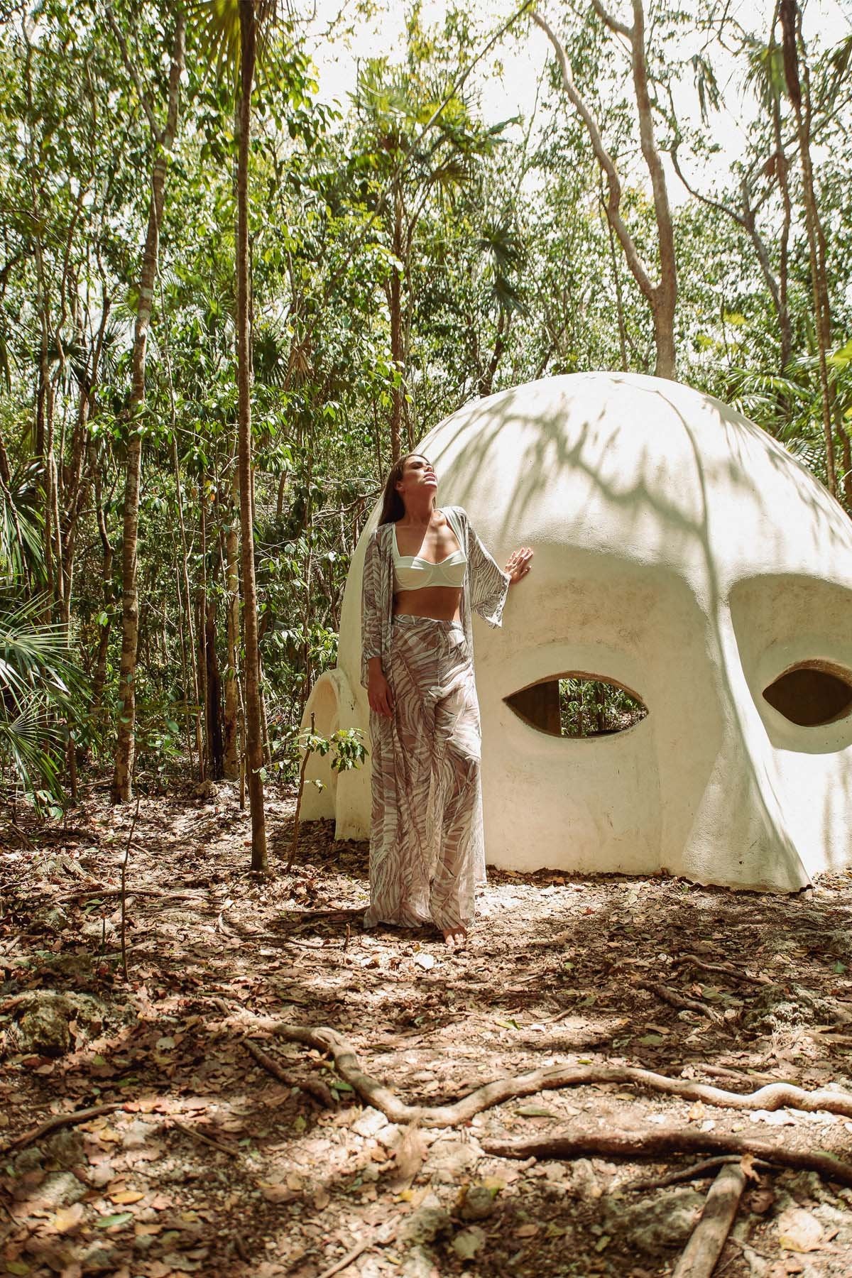 Cream Botanical Kimono & Pantolon Takım