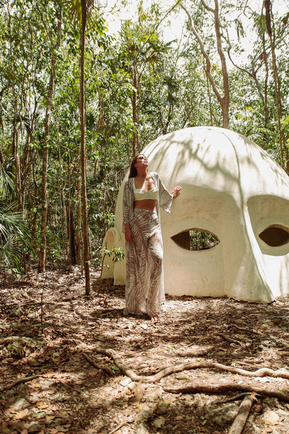 Cream Botanical Kimono & Pantolon Takım