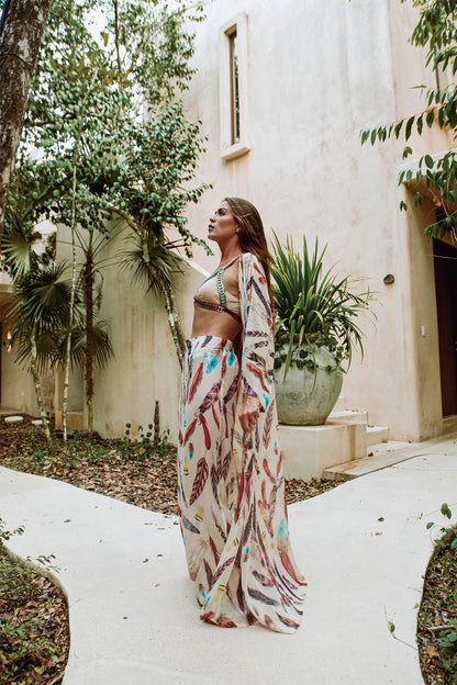 Cream Feather Kimono Pantolon Takımı