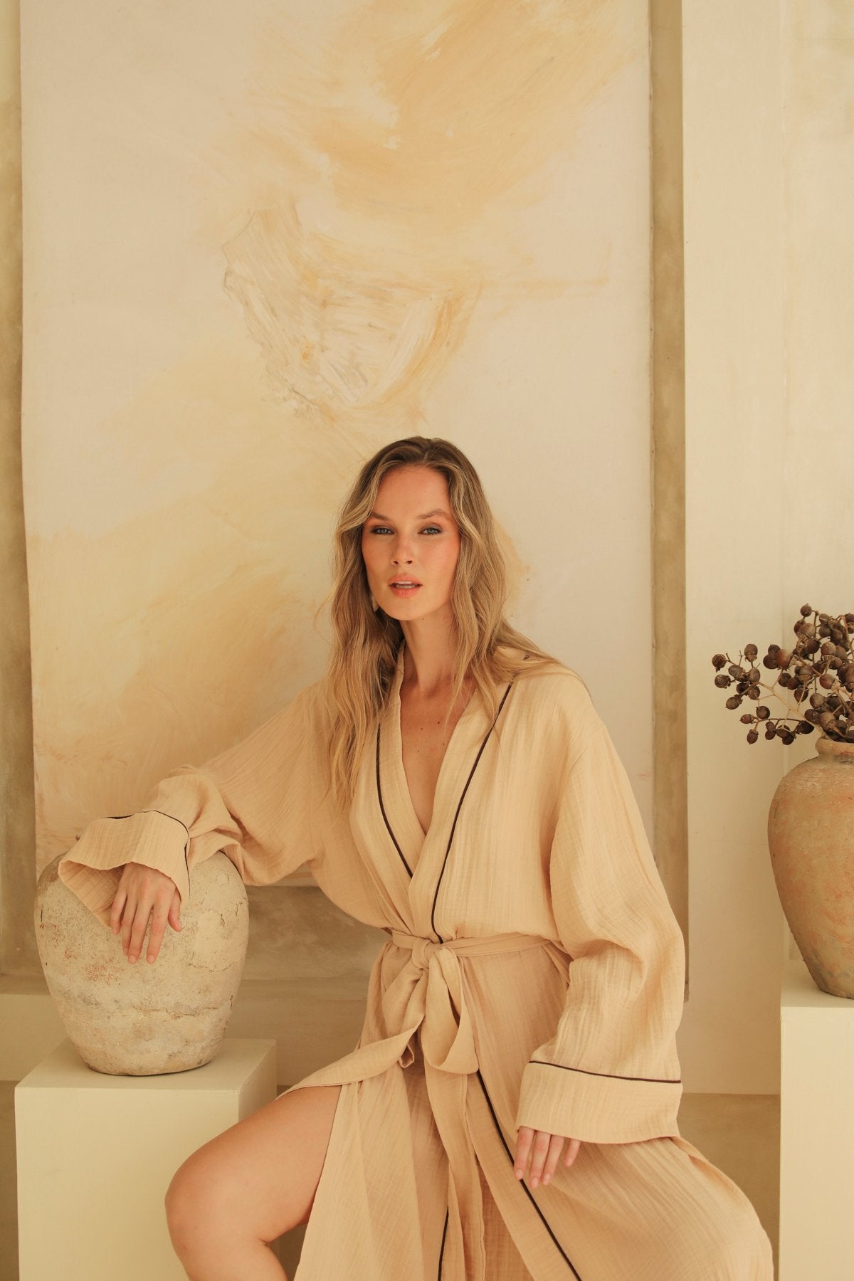 Helen Creme Long Kimono Robe