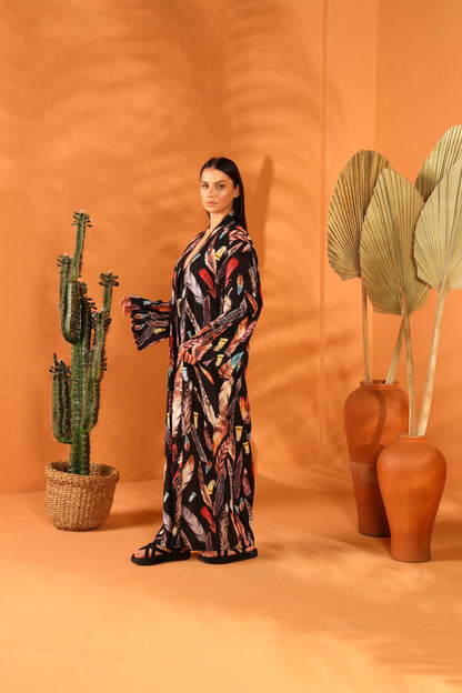 BLACK FEATHER LONG KIMONO