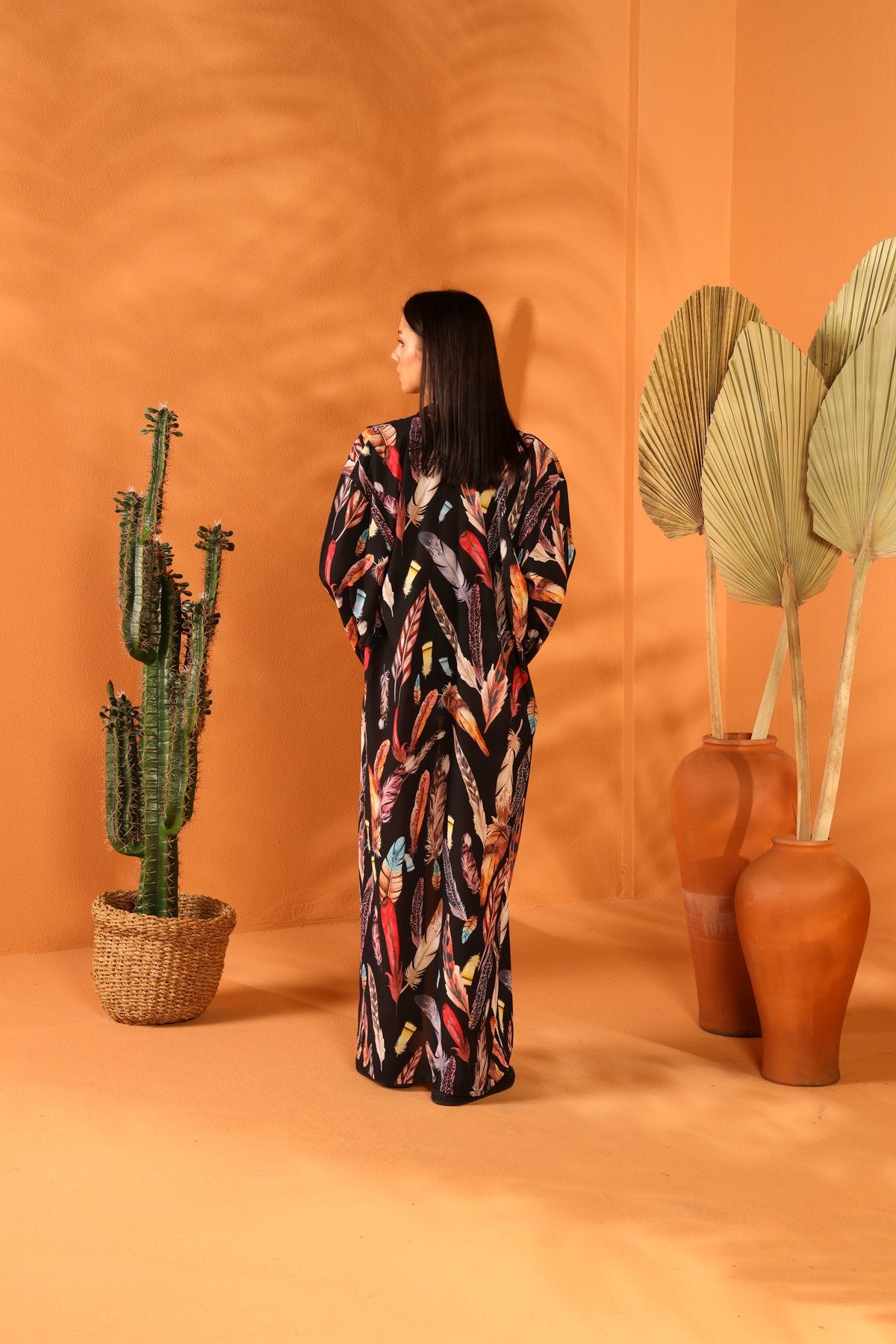 BLACK FEATHER LONG KIMONO
