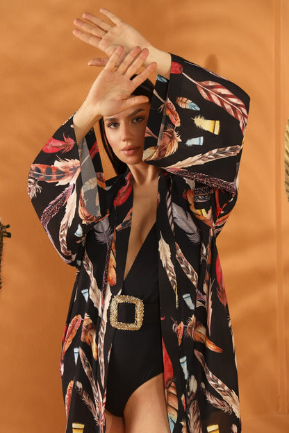 BLACK FEATHER SHORT KIMONO