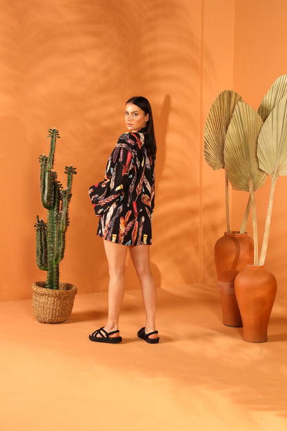 BLACK FEATHER SHORT KIMONO