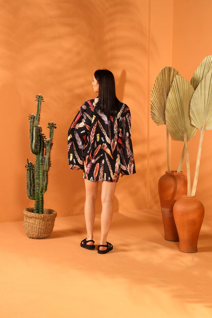 BLACK FEATHER SHORT KIMONO