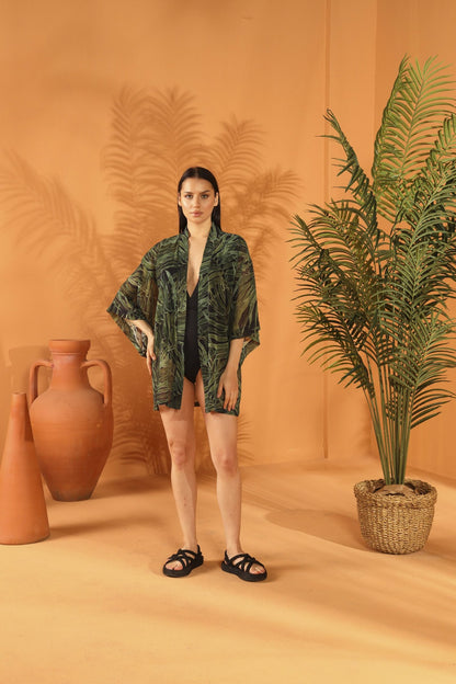 Schwarzer botanischer Kurzkimono