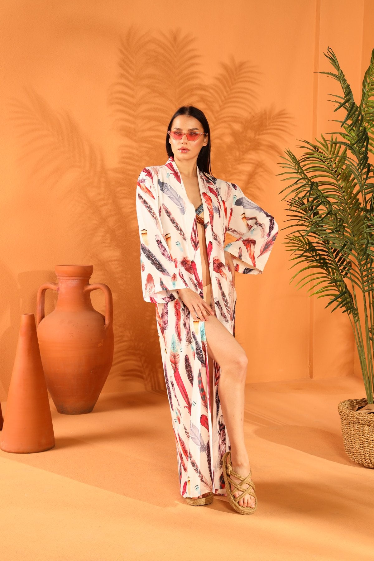 WHITE FEATHER LONG KIMONO