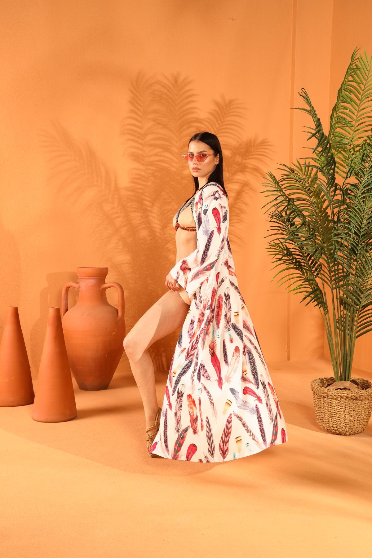 WHITE FEATHER LONG KIMONO