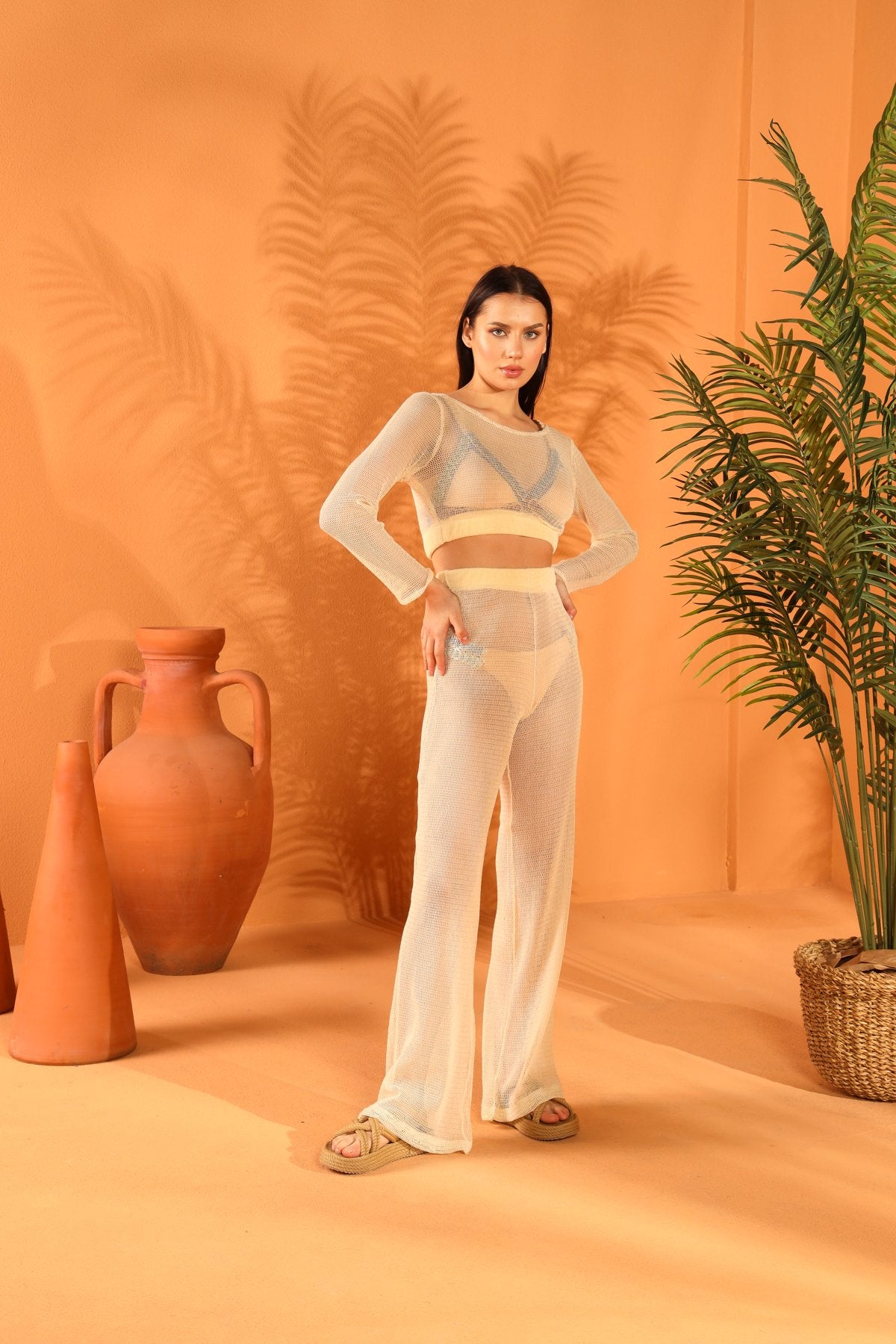 CREAM FISHNET CROPPED TOP AND TROUSER SET