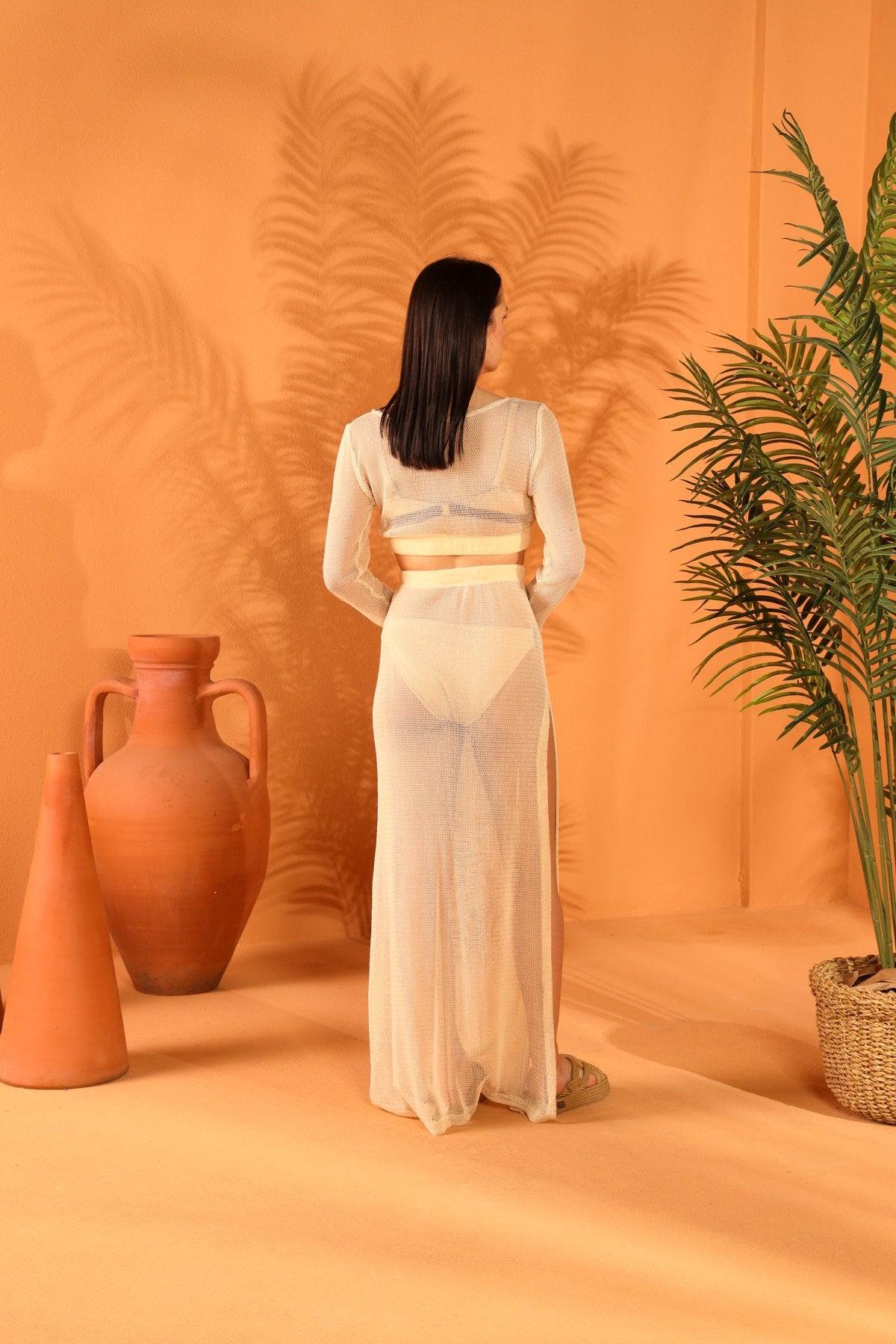 Cream Fishnet Short Top and Skirt Set