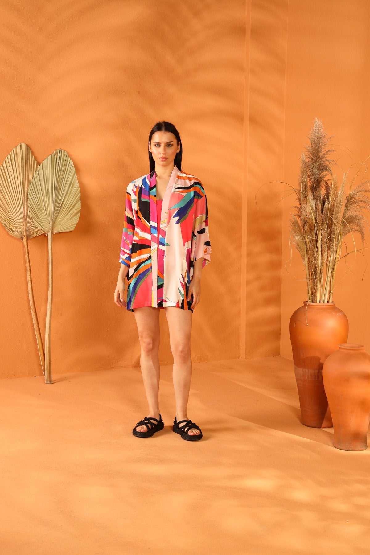 Multi-colored short kimono