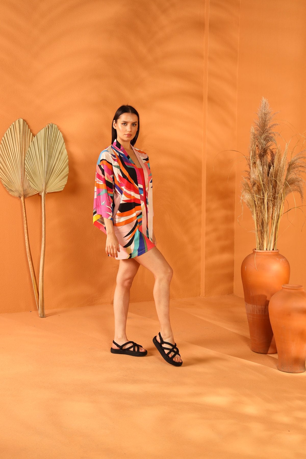 Multi-colored short kimono