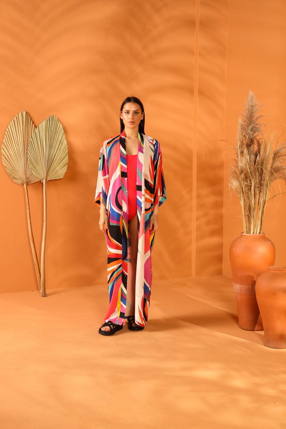 Multi-colored long kimono.