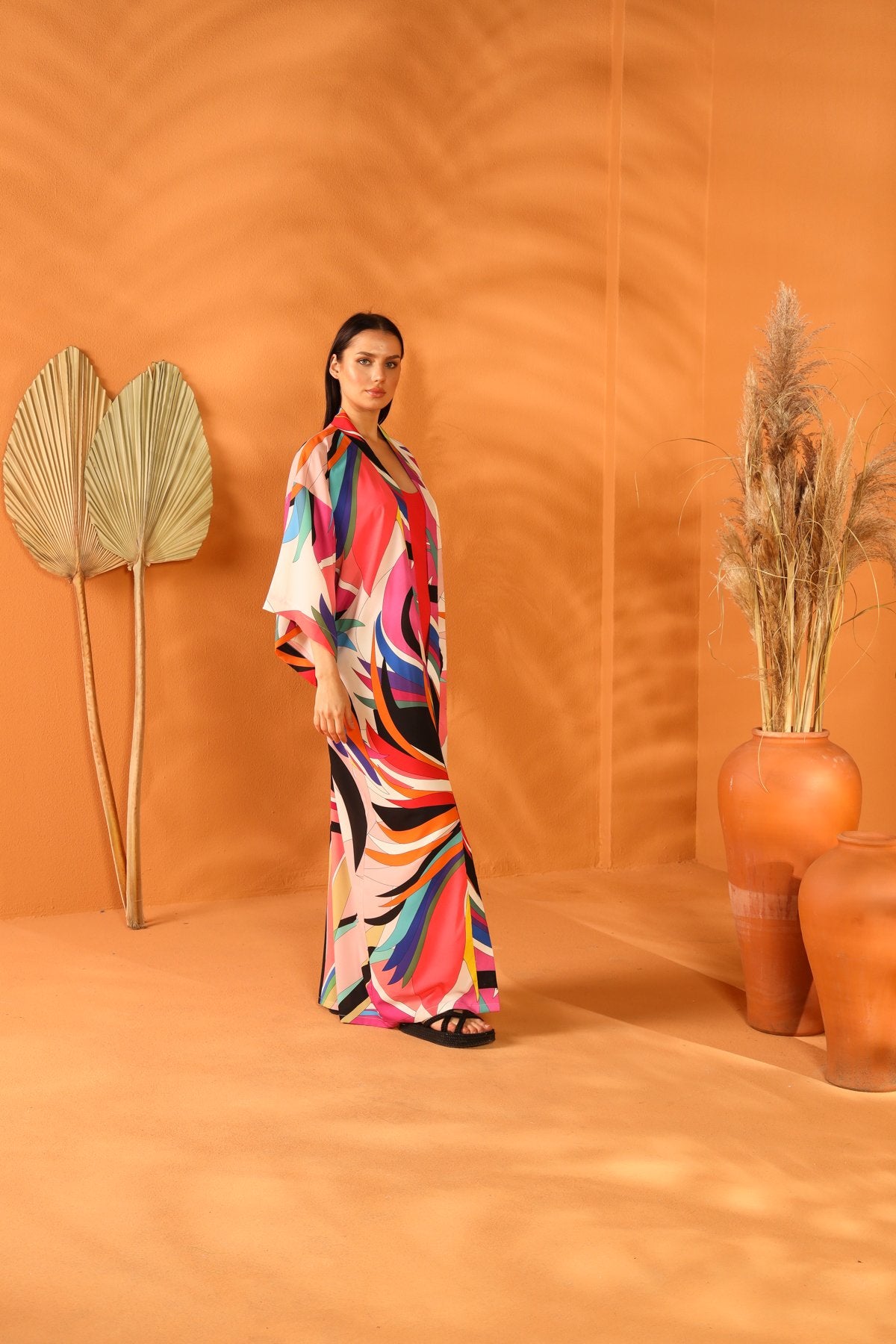 Multi-colored long kimono.