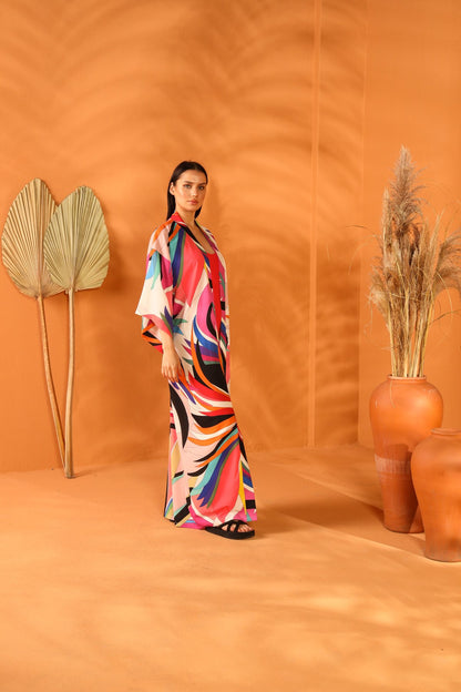 Multi-colored long kimono.
