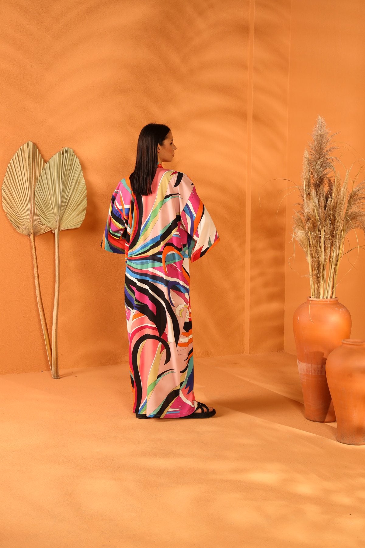 Multi-colored long kimono.