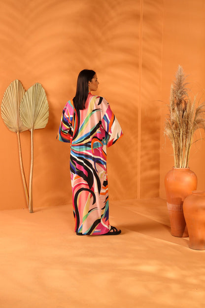 Multi-colored long kimono.