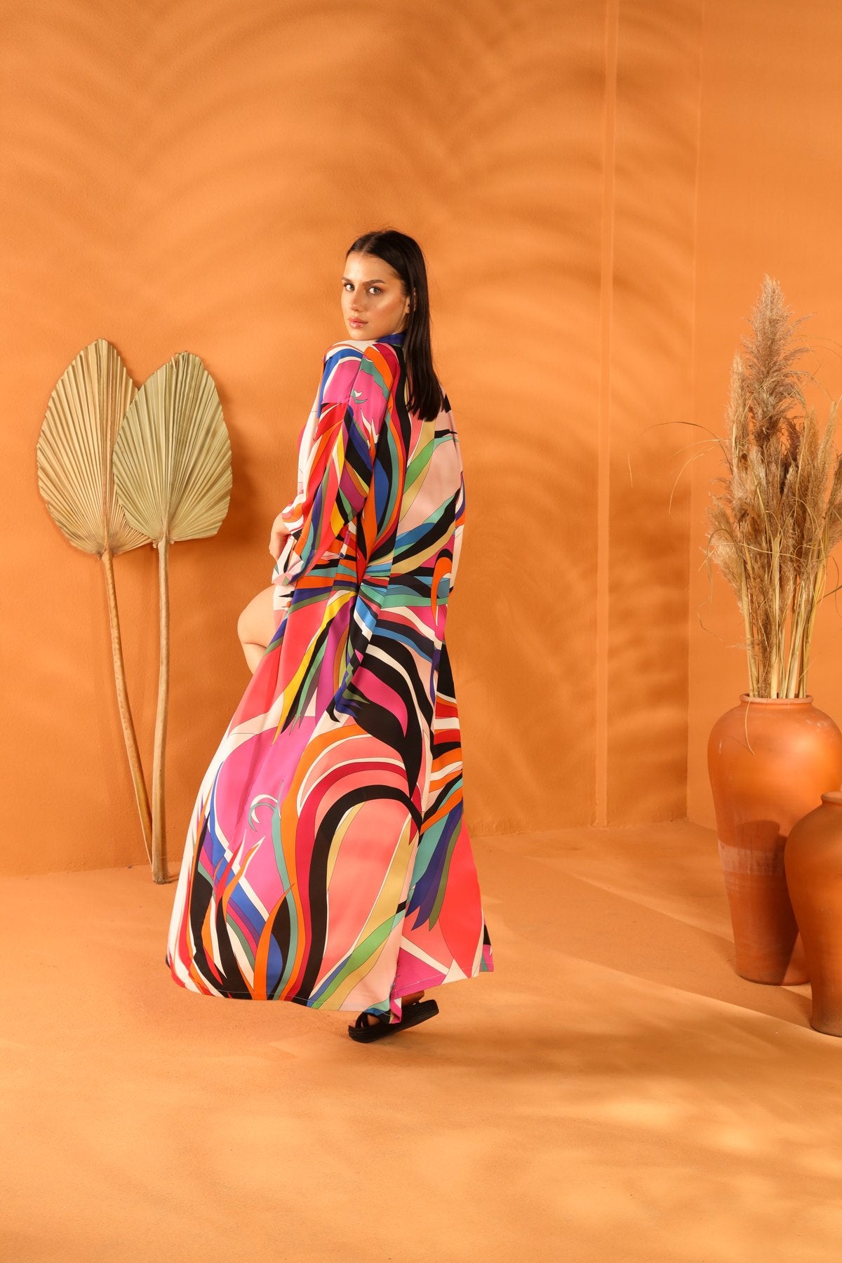 Multi-colored long kimono.