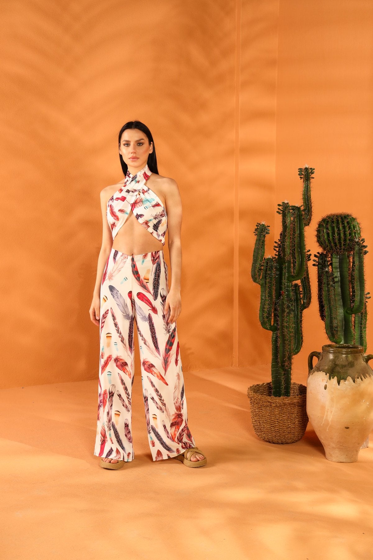 WHITE FEATHER SHAWL TROUSER SET