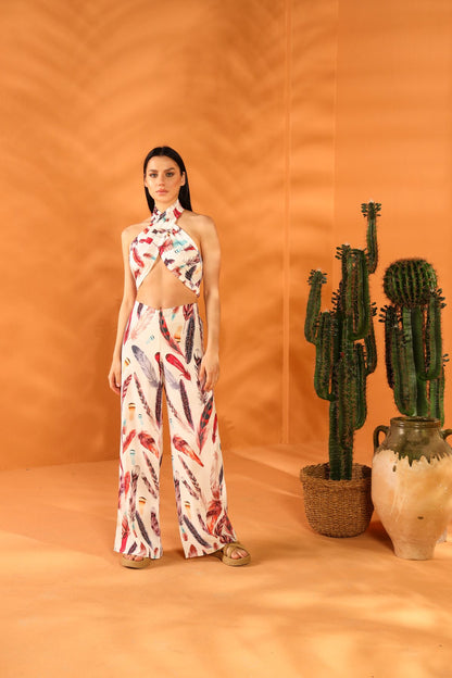 WHITE FEATHER SHAWL TROUSER SET