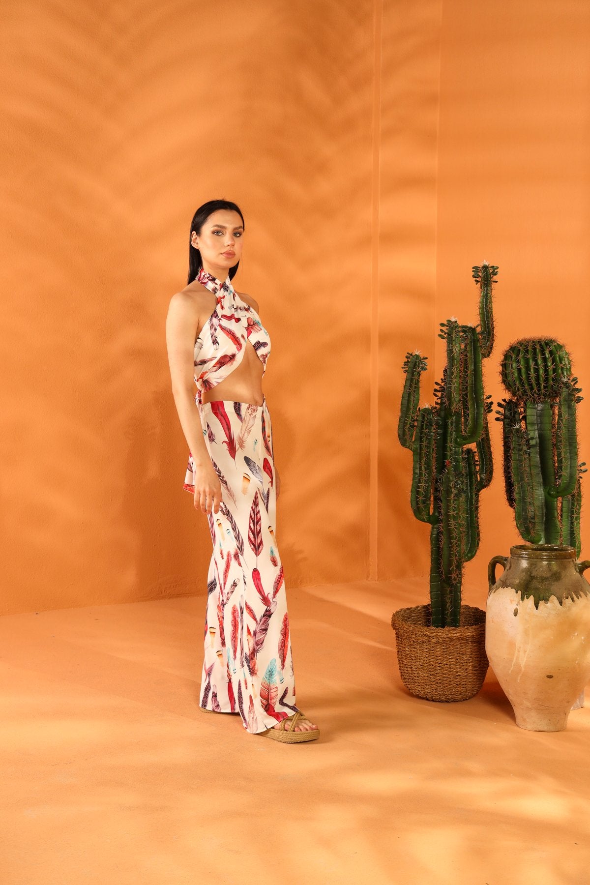 WHITE FEATHER SHAWL TROUSER SET