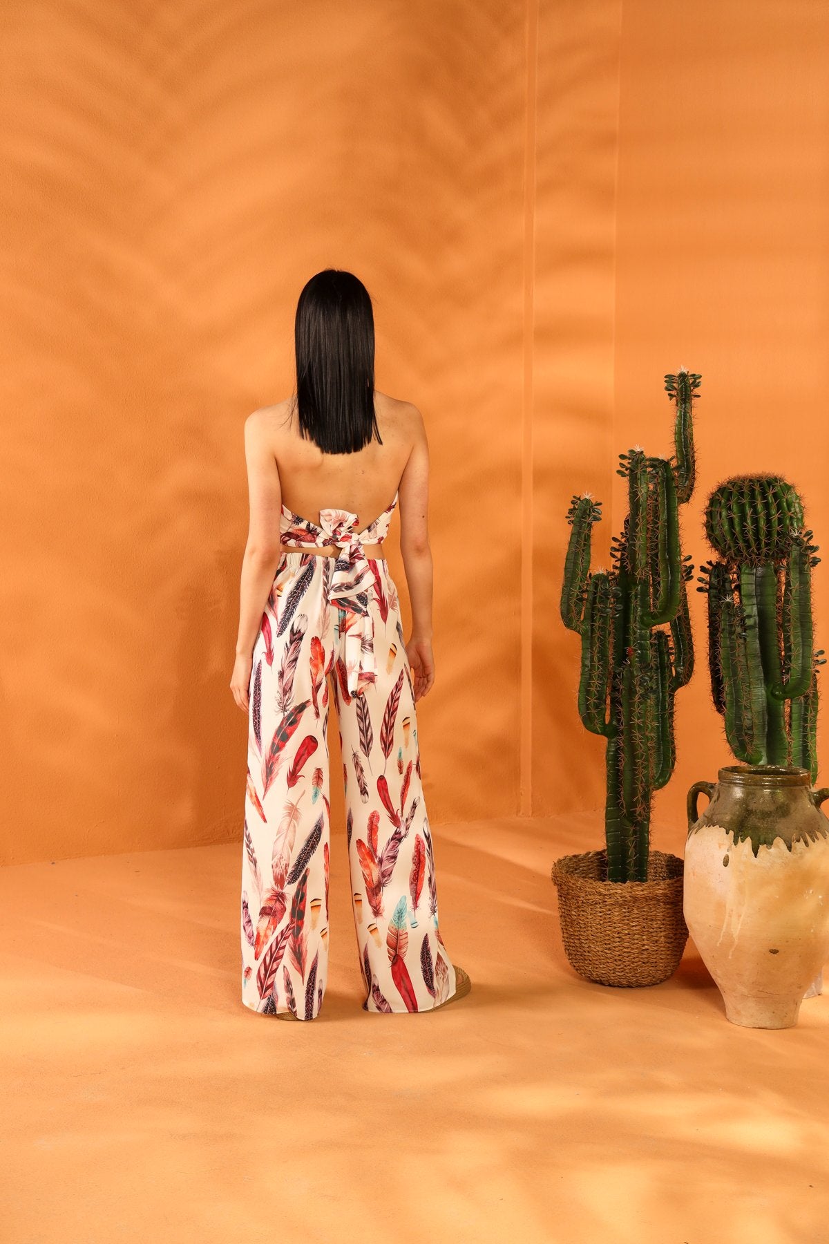 WHITE FEATHER SHAWL TROUSER SET