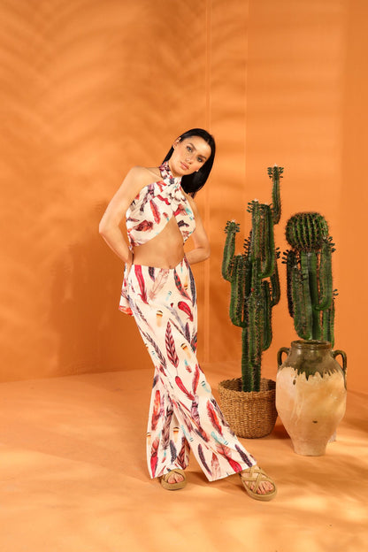 WHITE FEATHER SHAWL TROUSER SET