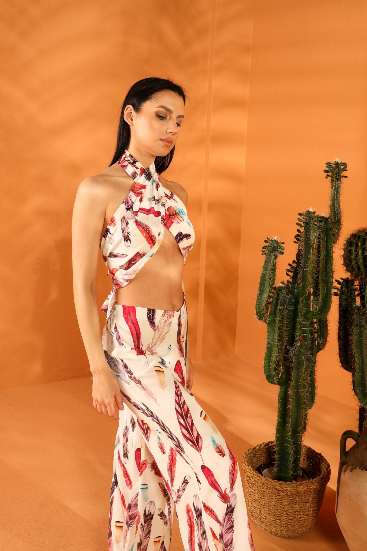 WHITE FEATHER SHAWL TROUSER SET