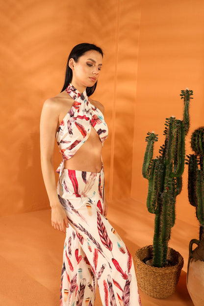 WHITE FEATHER SHAWL TROUSER SET