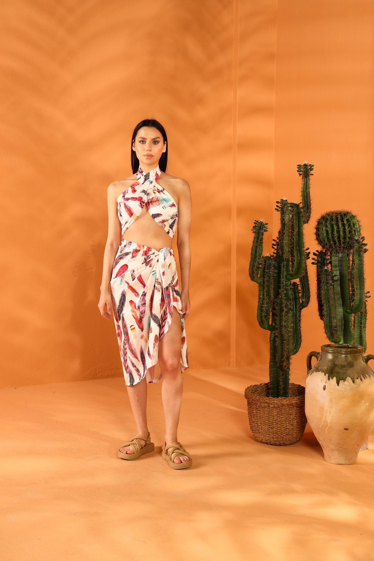 WHITE FEATHER SHAWL PAREO SKIRT SET