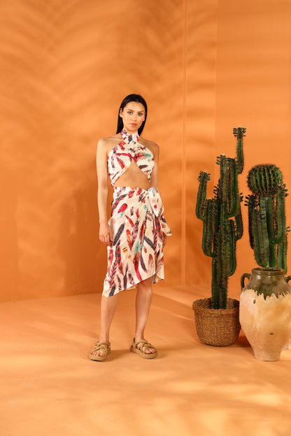 WHITE FEATHER SHAWL PAREO SKIRT SET