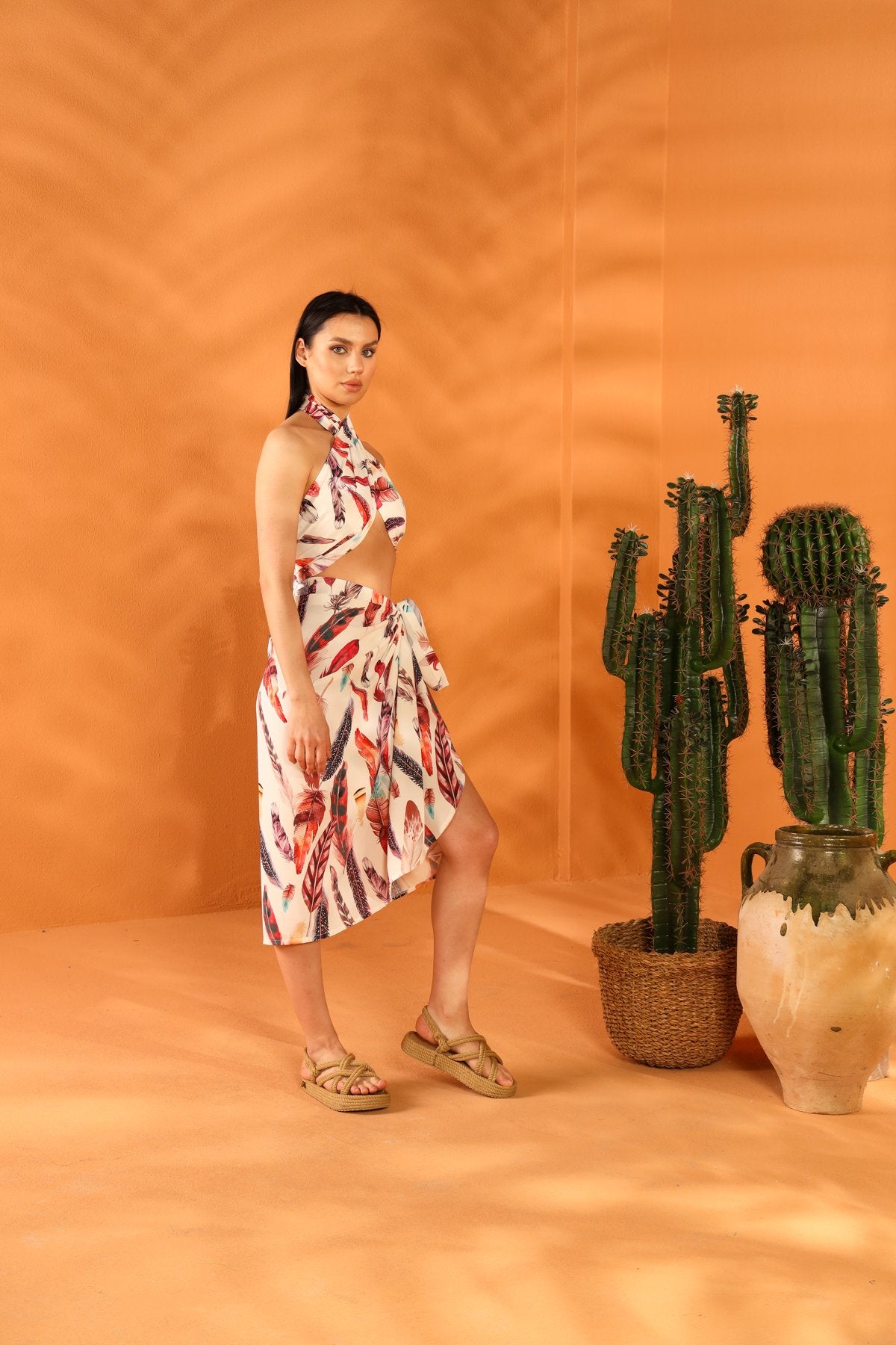 WHITE FEATHER SHAWL PAREO SKIRT SET