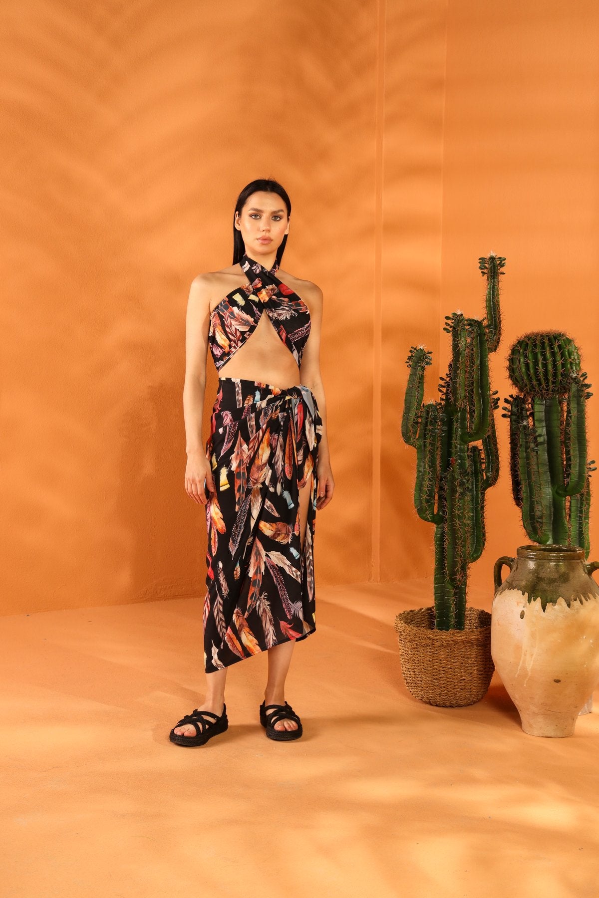 BLACK FEATHER PAREO SKIRT