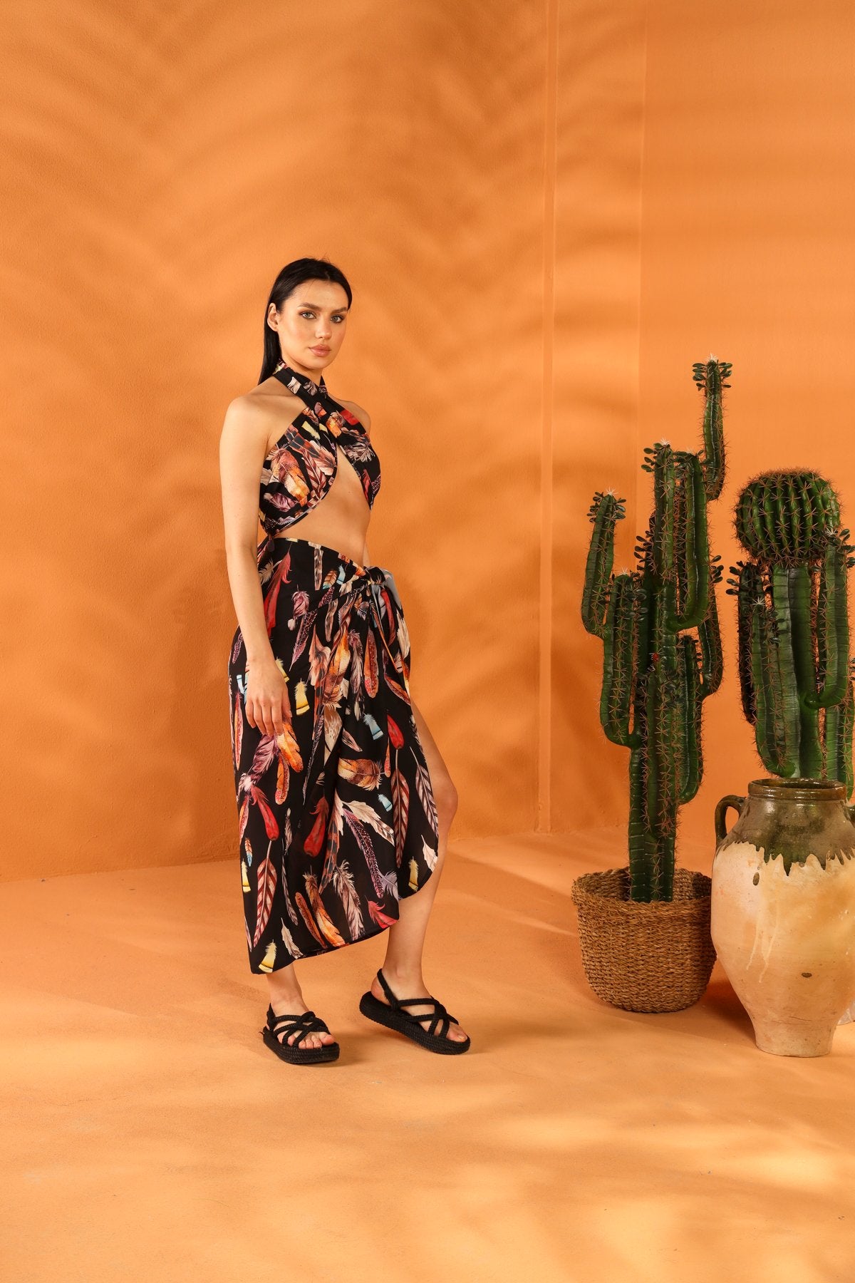 BLACK FEATHER SHAWL PAREO SKIRT SET