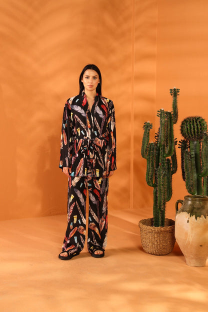 BLACK FEATHER KIMONO AND TROUSER SET