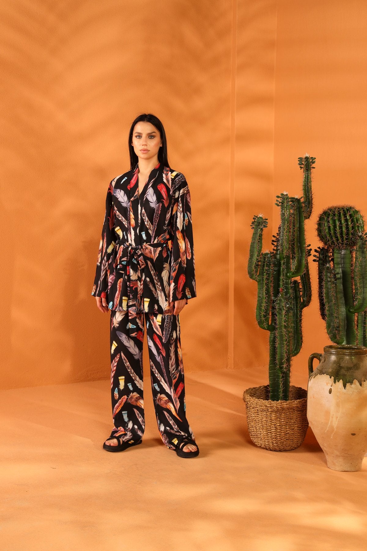 BLACK FEATHER KIMONO AND TROUSER SET