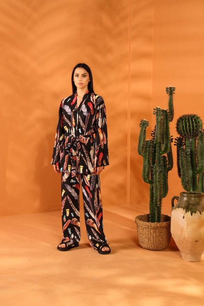 BLACK FEATHER KIMONO AND TROUSER SET