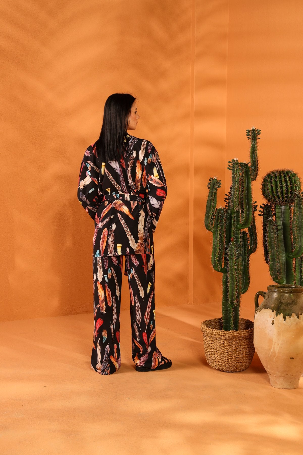 BLACK FEATHER KIMONO AND TROUSER SET