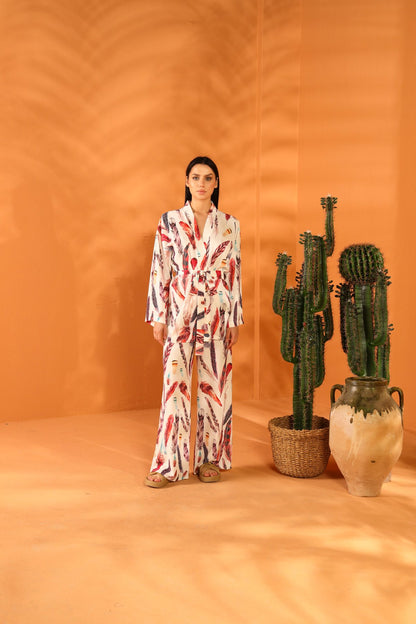 WHITE FEATHER KIMONO AND TROUSER SET